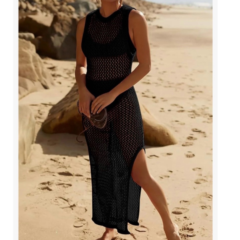 Women’s Black Crochet Mesh Swim Coverup Dress One Sz